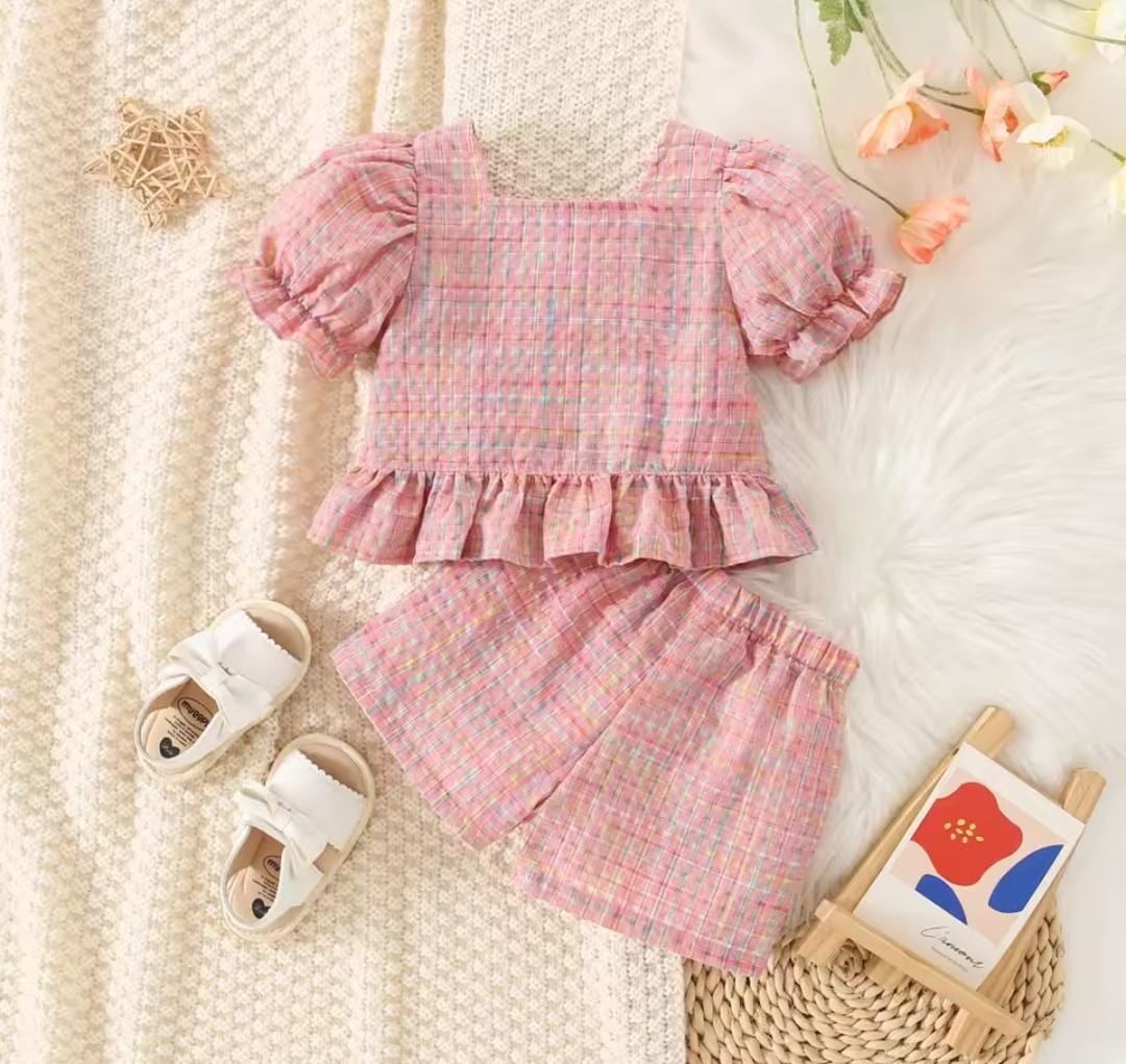 Baby Girl Color Plaid Bubble Sleeve Top And Shorts Set 1650654 Baby Girl Color Plaid Bubble Sleeve Top And Shorts Set 1650654