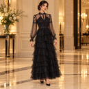 Black Lace & Dotted Mesh Long-Sleeve Ruffle Maxi Dress MC-A22