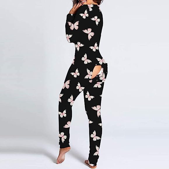 Womens Butt Flap Pajamas Long Sleeve One Piece Jumpsuit Valentine's Day Sexy Deep V Neck Butterfly Rompers S3146145 - Tuzzut.com Qatar Online Shopping