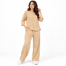 Beige Two-Piece Casual Lounge Set with Pocket Top & Wide-Leg Pants - XL