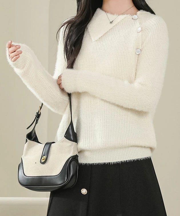 Asymmetrical Collared Shaggy Knit Pullover 62267 Asymmetrical Collared Shaggy Knit Pullover 62267