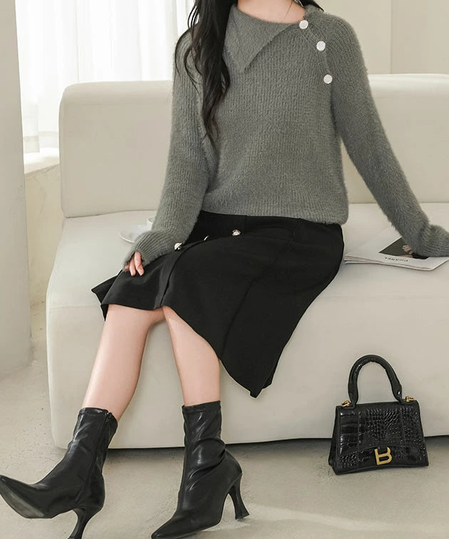 Asymmetrical Collared Shaggy Knit Pullover 62267 Asymmetrical Collared Shaggy Knit Pullover 62267