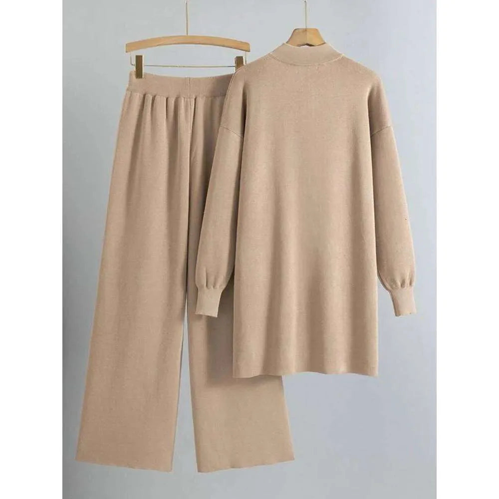 Designer Suit Zipper Loose Knit Sweater Long Top+Drawstring Wide Leg Pant SP55 Designer Suit Zipper Loose Knit Sweater Long Top+Drawstring Wide Leg Pant SP55