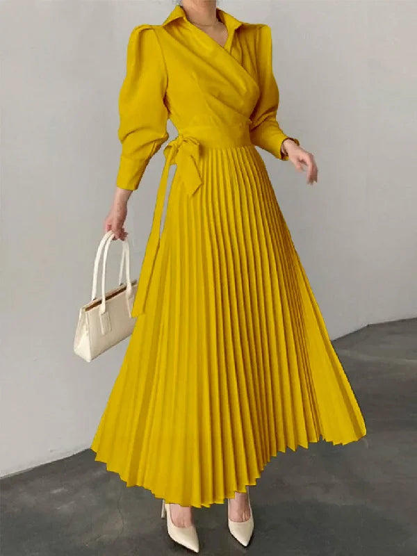 Turn-down Collar Paneled Side Bow Tie Puff Sleeve Office Lady Dress 112167 Turn-down Collar Paneled Side Bow Tie Puff Sleeve Office Lady Dress 112167