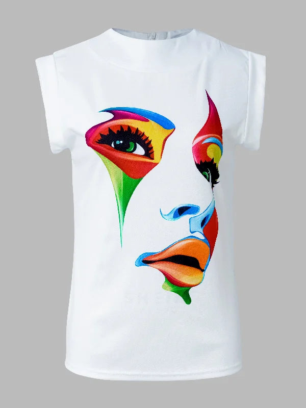 Original Casual High-Neck Cap Sleeves Face Printed T-Shirt Top L 105023 Original Casual High-Neck Cap Sleeves Face Printed T-Shirt Top L 105023