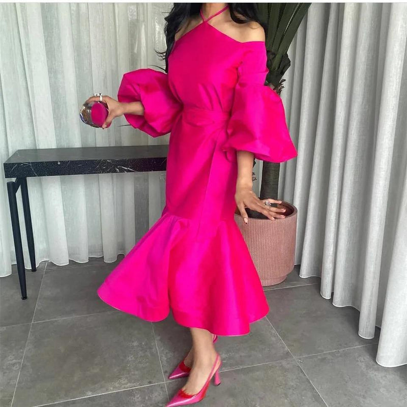 Elegant Short Halter Taffeta Evening Dresses Puffy Sleeve 3XL 070668791 - Tuzzut.com Qatar Online Shopping