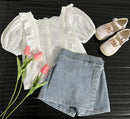 Girls Suit Lace Hollow Shirt Fake Two Denim Shorts   285166 - TUZZUT Qatar Online Shopping