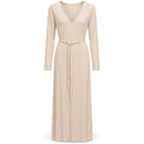 Women’s Beige V-Neck Long-Sleeve Maxi Dress with Waist Tie - S