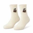1Pair Women's Cream Ribbed Crew Socks with Bear Embroidery S5063107- Size 36 - 40