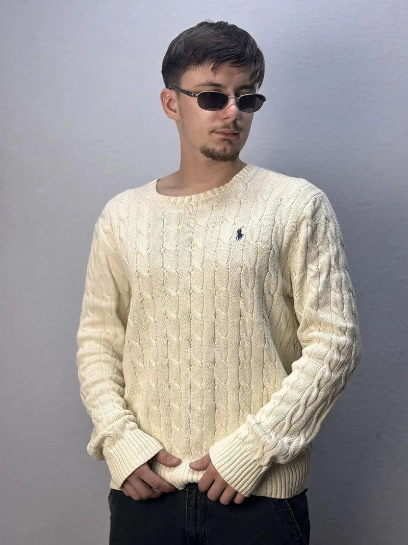 Cable-Knit Cotton Crewneck Jumper Apricot 7014481 - TUZZUT Qatar Online Shopping