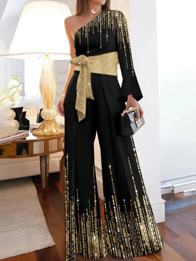 Long Sleeves Loose Printed Shiny Tied Waist One-Shoulder Jumpsuits Bottoms L 139816 Long Sleeves Loose Printed Shiny Tied Waist One-Shoulder Jumpsuits Bottoms L 139816