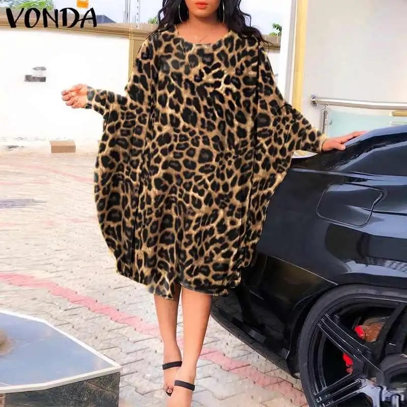 Autumn Long Sleeve Leopard Print Midi Dress VONDA Women Casual Pleated Vestidos Female Casual O Neck Baggy Hem Sundress S4349690