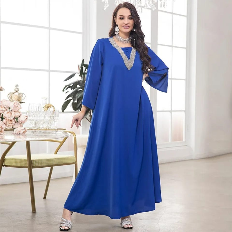 Beading Abaya Arabic Long Dress for Women Ramadan Muslim Moroccan Kaftan Gulf Jalabiya Elegant Party Eid Loose Abayas Blue S4825161 - Tuzzut.com Qatar Online Shopping