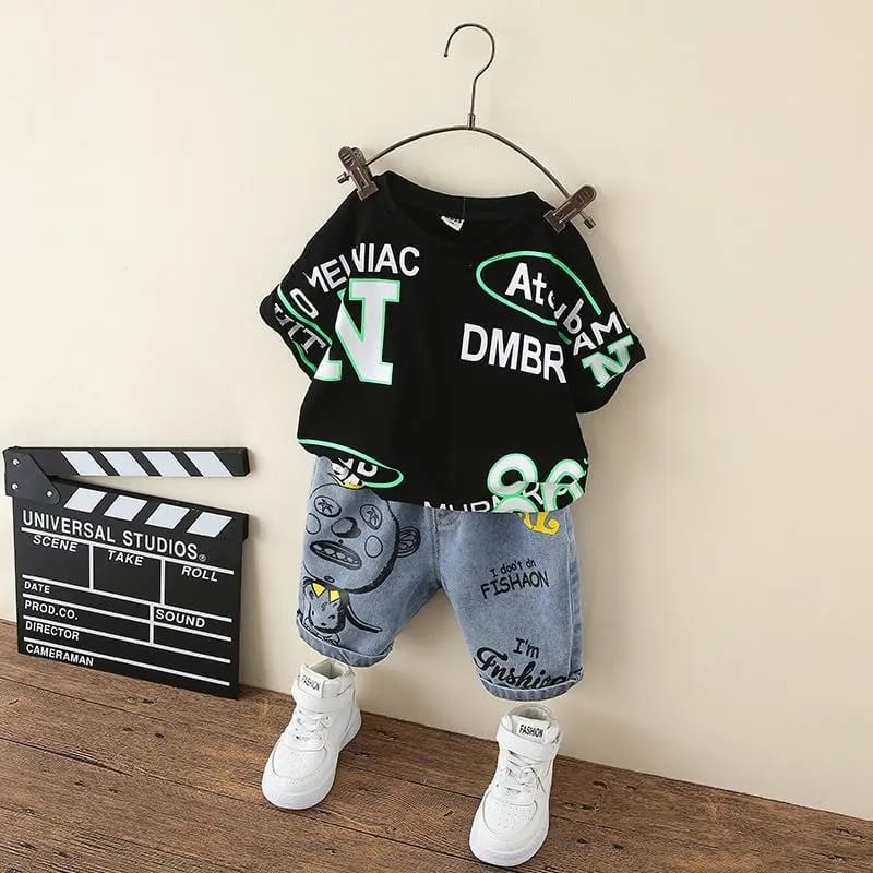 Summer Boys Clothing Sets Letter jeans Shirt Set Print 2 PCS short sleeve T Shirt + Pants Set Infant Toddler 3-4Y S4423472 - Tuzzut.com Qatar Online Shopping