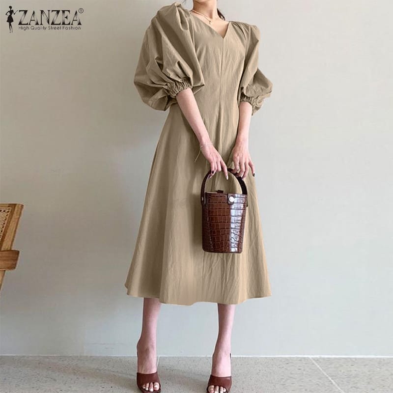 Stylish V neck Dress Women's Summer Sundress ZANZEA Casual Puff Sleeve Mid-calf Vestido Female Solid Holiday Robe S4098767 Stylish V neck Dress Women's Summer Sundress ZANZEA Casual Puff Sleeve Mid-calf Vestido Female Solid Holiday Robe S4098767