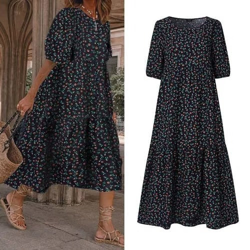 VONDA Women Sundress Casual O Neck Short Lantern Sleeve Printed Dresses Loose Oversized Bohemian Vestidos 5XL Robe Femme S2616399 - Tuzzut.com Qatar Online Shopping