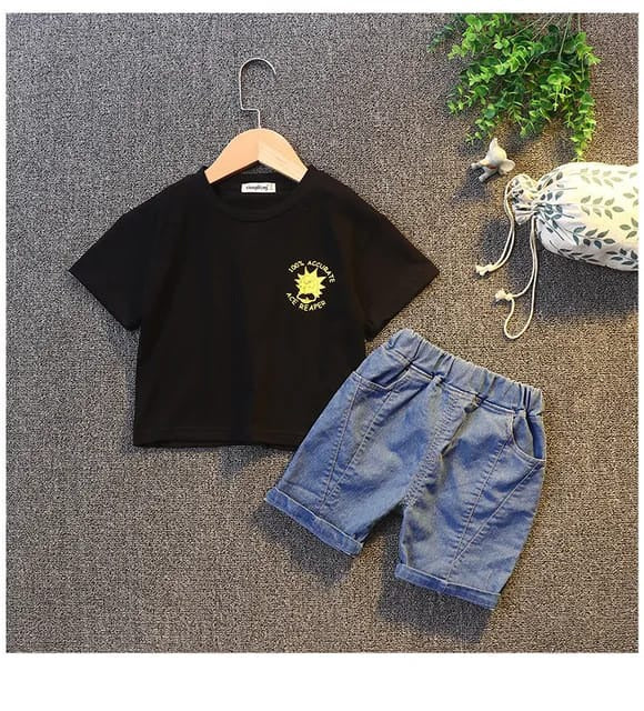 New Design Boys Boutique Clothing Casual Fashion Two-Piece Set Words Printing Cotton T-shirt Jeans Short Outfits For Baby Boy X4412289 - Tuzzut.com Qatar Online Shopping