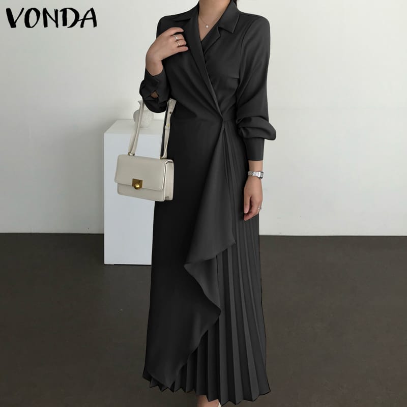 Women V Neck High Waist Dress VONDA Irregular Hem Dresses Ladies Autumn Long Sleeve Turn Down Collar Solid Shirt Vestidos M S4404124 - Tuzzut.com Qatar Online Shopping