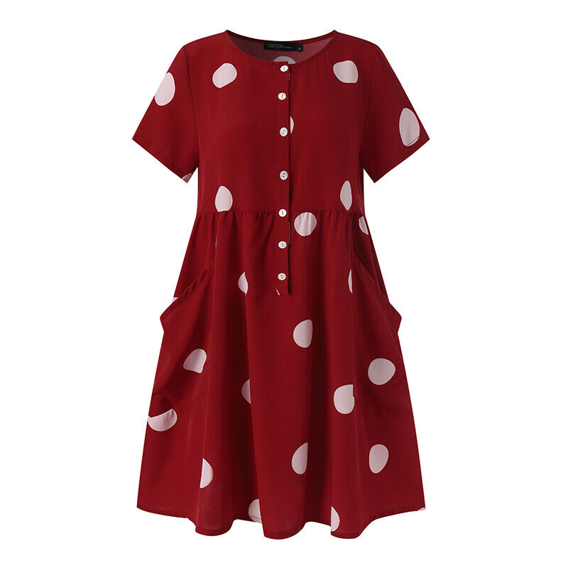 Women Summer Beach Holiday Sundress Short Sleeve Polka Dot A-Line Shirt Dress S4583495 - Tuzzut.com Qatar Online Shopping