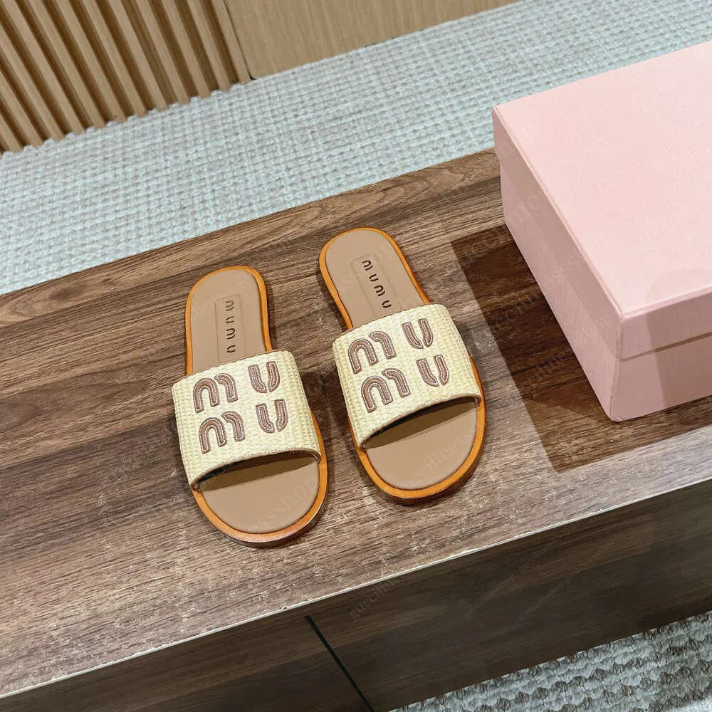 Raffia Effect Fabric Slippers Apricot SL37 Raffia Effect Fabric Slippers Apricot SL37