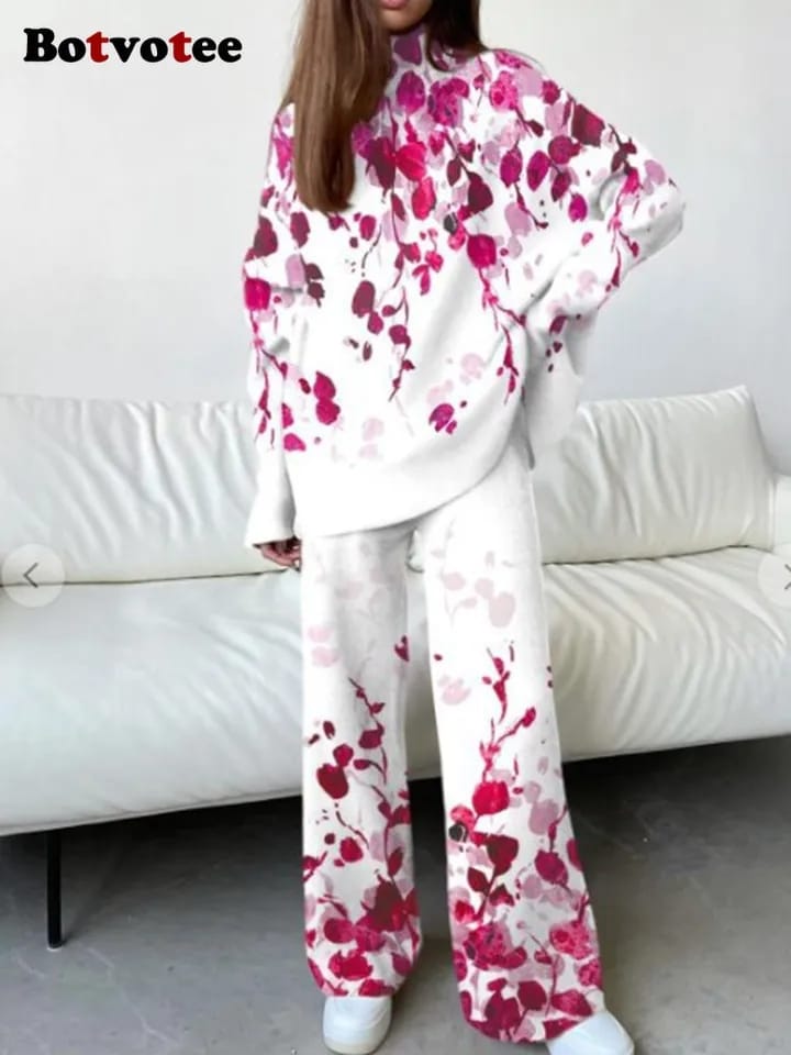 Botvotee Women Pant Sets Print Full Length Wide Leg Loose Trousers 2 Piece + Long Sleeve Turtleneck Tops 2023 Casual Fashion New 070161996