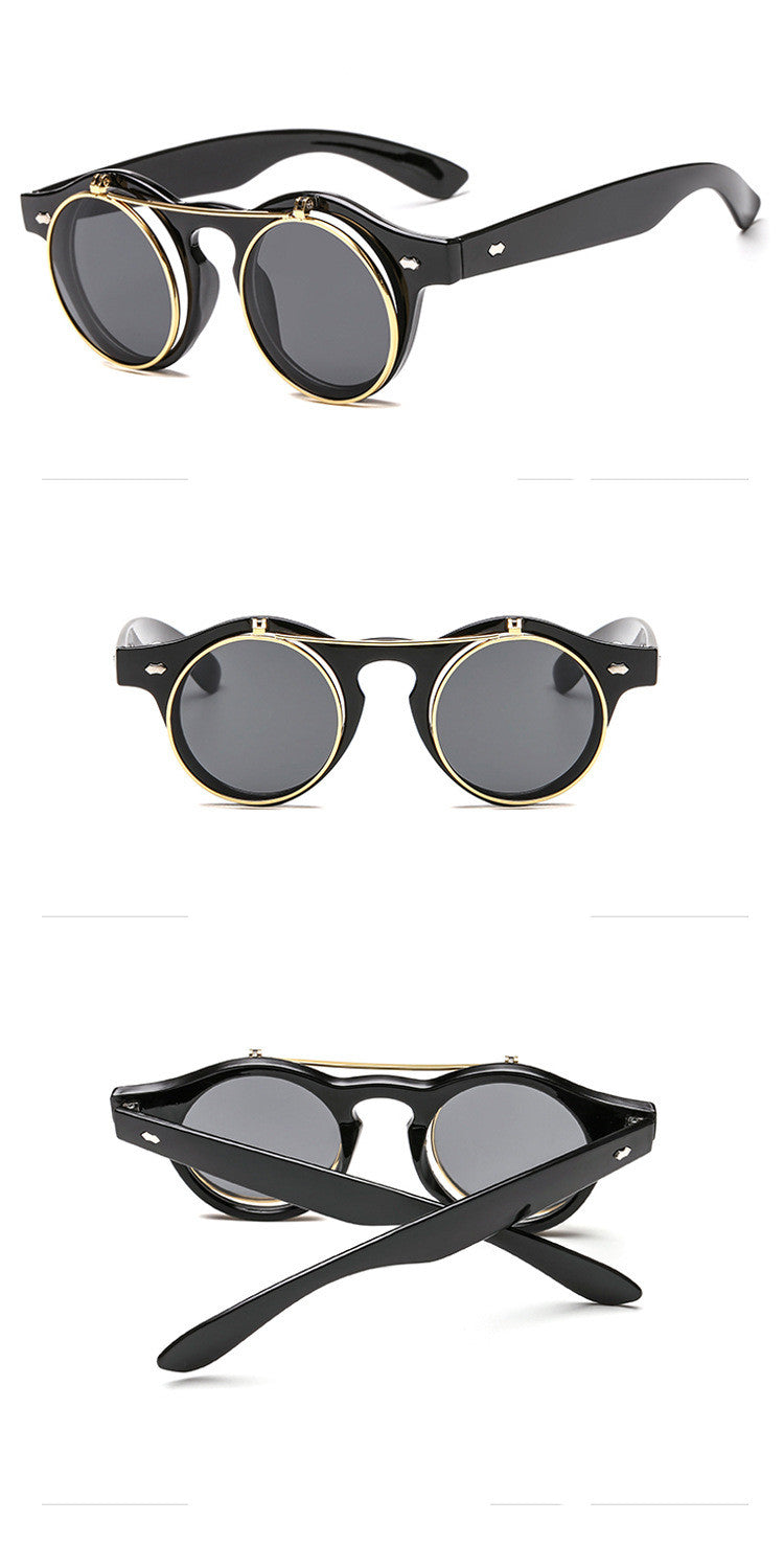 Designer Round Steam Punk Metal Flip Sunglasses S4977 - TUZZUT Qatar Online Shopping