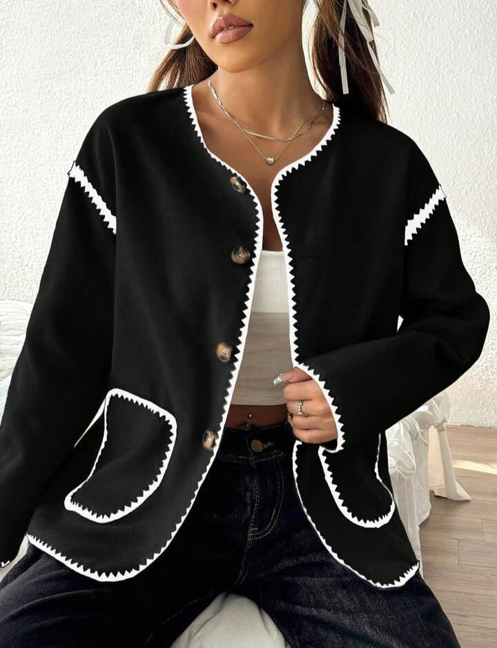 Women Casual Colorblock Trim Dual Pocket Jacket B195915 Women Casual Colorblock Trim Dual Pocket Jacket B195915