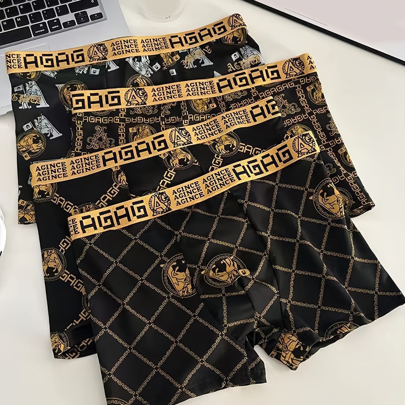 Men's 4 Pcs Breathable Boxer Shorts, Black and Gold Printed Cotton Underwear S450