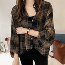 Spring Autumn Vintage Classic Plaid Polo-neck Casual Blouse Femme Long Sleeve Loose Cardigan Shirt M X3497407 - TUZZUT Qatar Online Shopping