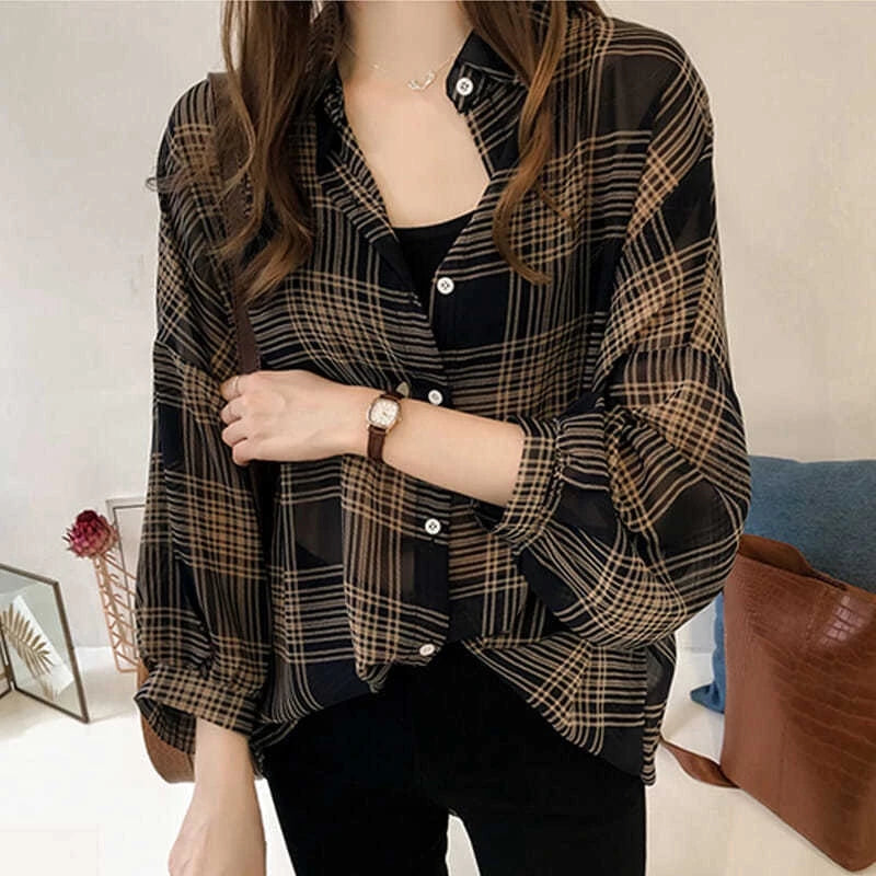 Spring Autumn Vintage Classic Plaid Polo-neck Casual Blouse Femme Long Sleeve Loose Cardigan Shirt M X3497407 Spring Autumn Vintage Classic Plaid Polo-neck Casual Blouse Femme Long Sleeve Loose Cardigan Shirt M X3497407