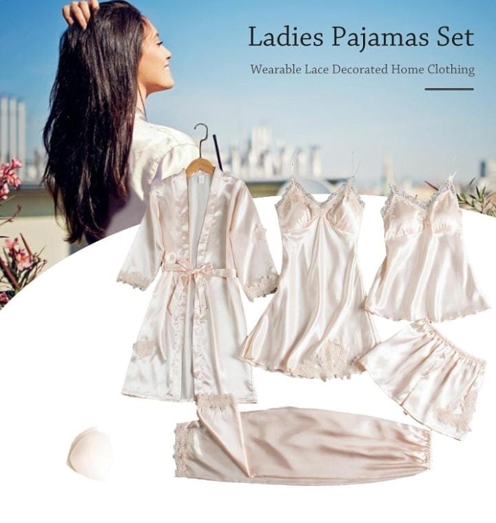 Women's Pajama Set 5 Piece Satin Lace Summer Sexy Nightdress B227408 Women's Pajama Set 5 Piece Satin Lace Summer Sexy Nightdress B227408