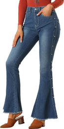 Women's Bell Bottom Jeans Casual Beaded Raw Hem Stretch Flared Denim Pants  S4912811 - TUZZUT Qatar Online Shopping