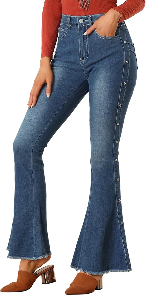 Women's Bell Bottom Jeans Casual Beaded Raw Hem Stretch Flared Denim Pants S4912811 Women's Bell Bottom Jeans Casual Beaded Raw Hem Stretch Flared Denim Pants S4912811