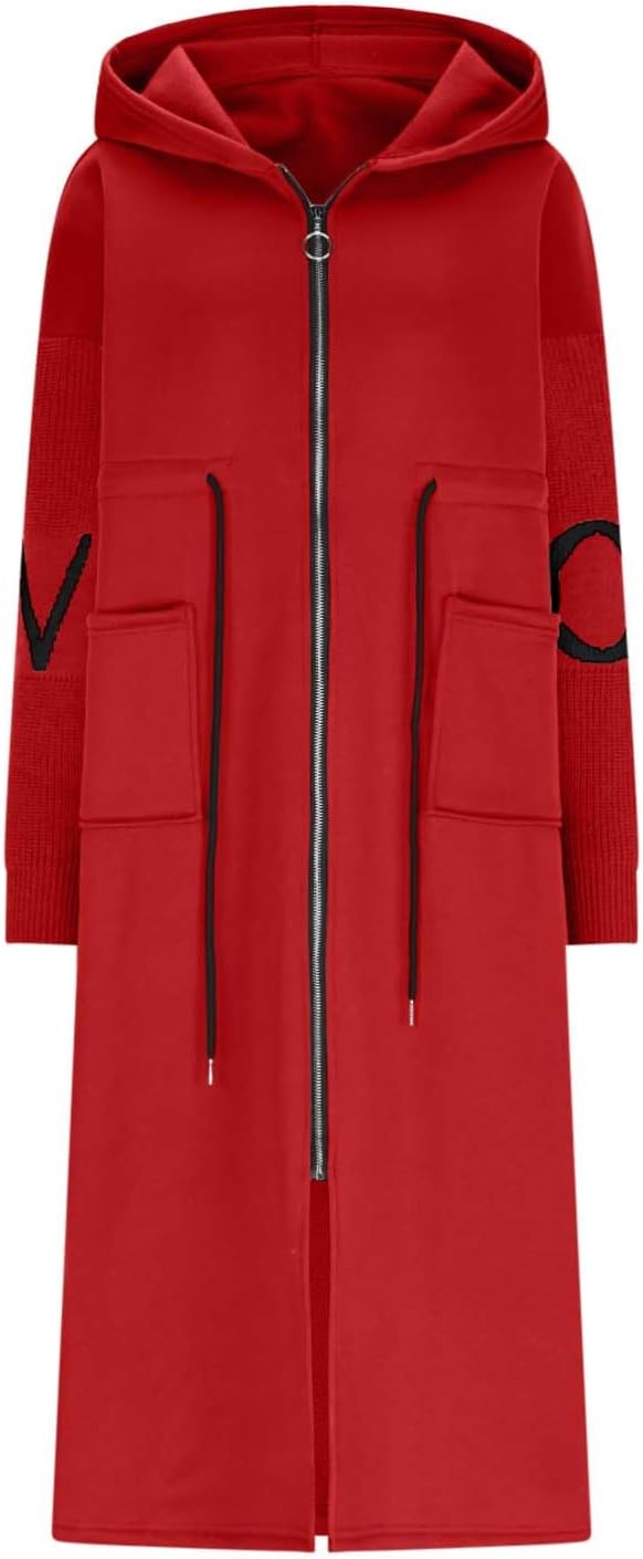 Women Fashion Letter Knitted Hooded Jackets  Zipper Drawstring Long Overcoat 169469 - TUZZUT Qatar Online Shopping