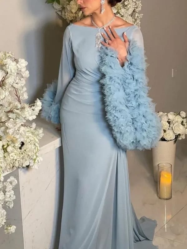 Blue Chiffon Fashion Evening Dresses Saudi Arabic Ruffle Long Sleeves Elegant Women Formal Wedding Party Gowns M 071064868