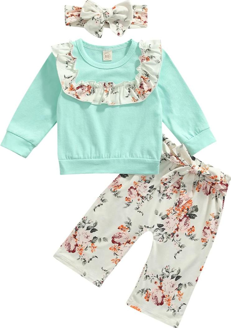 Baby Girls Cute Sweet Spring 3PC Pants Set for 6-9 Months ,Long Ruffles Sleeve Tops + Floral Print + Headbands Outfits 20325180 - Tuzzut.com Qatar Online Shopping