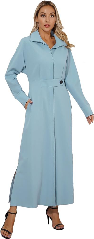 Womens Solid Slit Maxi Shirt Dress Collared Neck Long Sleeve Button Up