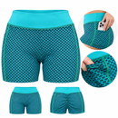 Women's High-Waist Turquoise Textured Gym Shorts with Side Pocket H-11