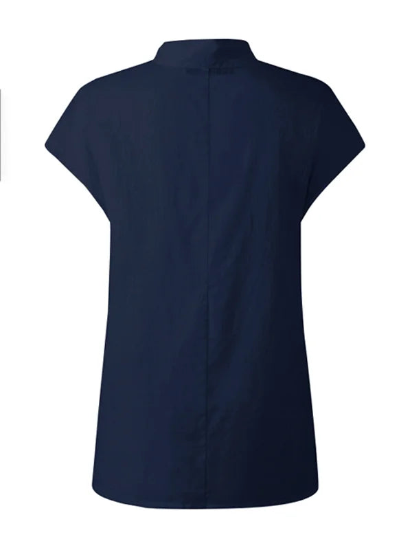 Solid Color Stand Collar Cap-Sleeve Shirts M 84523 Solid Color Stand Collar Cap-Sleeve Shirts M 84523