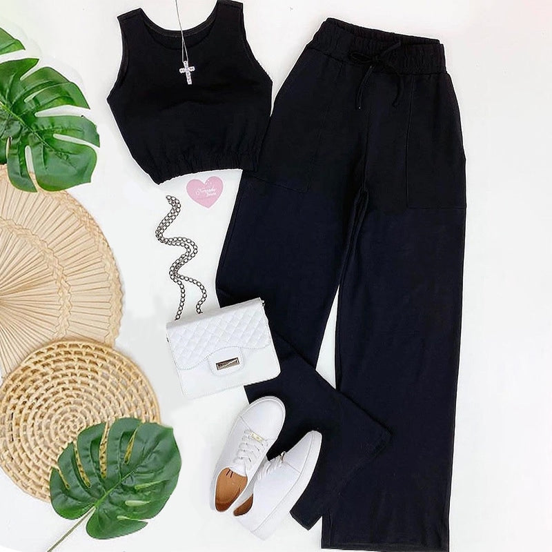 2 Pcs Women's Sleeveless Solid Color Pants Set 403304 2 Pcs Women's Sleeveless Solid Color Pants Set 403304