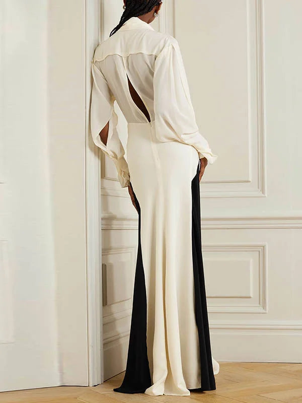 Long Sleeves Loose Contrast Color V-Neck Evening Dresses Maxi Dresses 140746