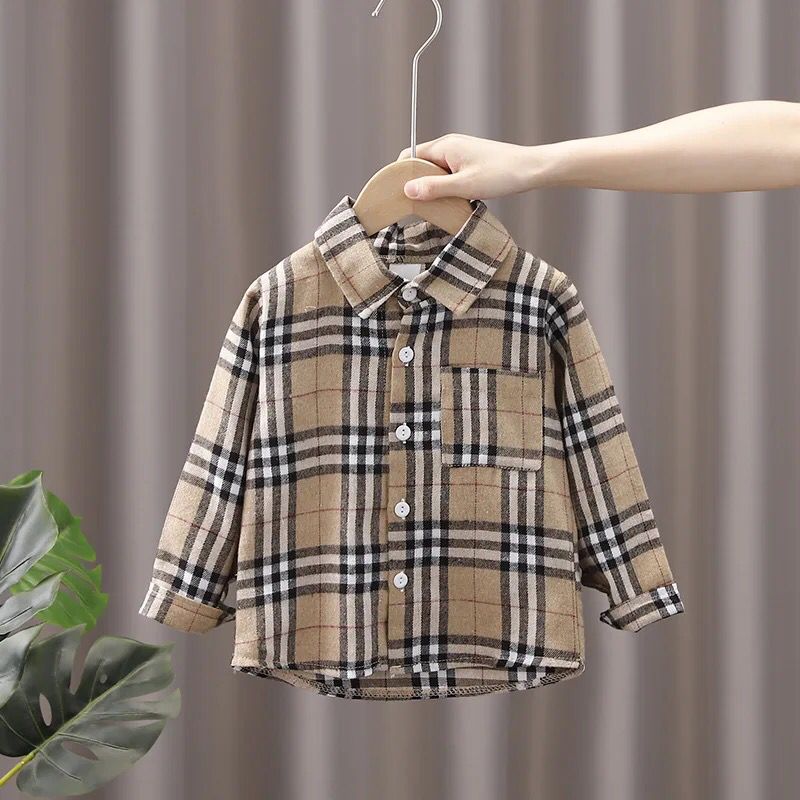 Children's wear boys and girls children spring and autumn plaid single breasted cartoon head trend fashion lapel shirt 20233913