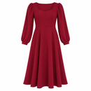 Women’s Burgundy Long-Sleeve A-Line Midi Dress-D7