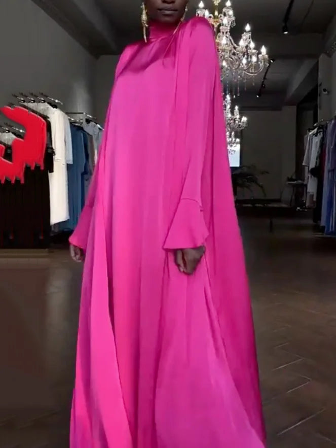 Flared Sleeves Long Sleeves Solid Color High-Neck Maxi Dresses 125662 Flared Sleeves Long Sleeves Solid Color High-Neck Maxi Dresses 125662