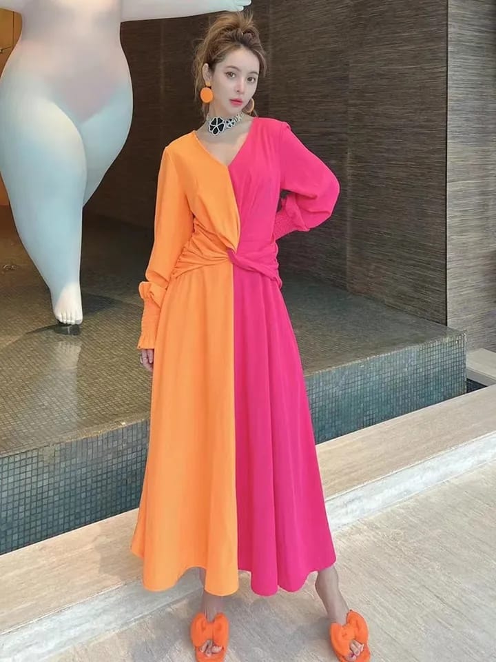 Women's Summer Long Dress Chic And Elegant Woman Dresses Evening Patchwork Colorblock V Neck Long Sleeve Clothing X3456351 - Tuzzut.com Qatar Online Shopping