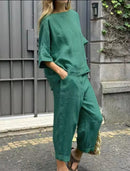 New Spring Summer Casual Loose Fit Solid Color T-shirt + Pants Women's Clothing Set Cross-border Style   S349700 - TUZZUT Qatar Online Shopping
