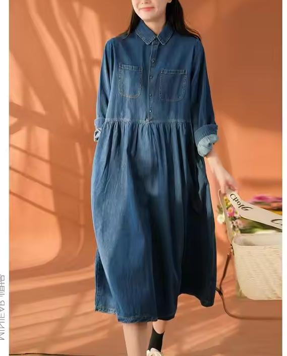 Women's Single Breasted Turn-down Collar Solid Pockets Button Down Lightweight Loose Fit Solid High Street Denim Dress B243500 Women's Single Breasted Turn-down Collar Solid Pockets Button Down Lightweight Loose Fit Solid High Street Denim Dress B243500