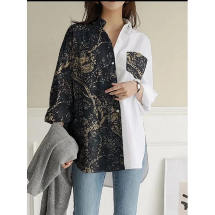Women's elegant import shirt with print motif, long sleeves, jumbo S4100229 Women's elegant import shirt with print motif, long sleeves, jumbo S4100229