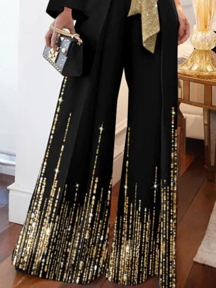 Long Sleeves Loose Printed Shiny Tied Waist One-Shoulder Jumpsuits Bottoms L 139816 Long Sleeves Loose Printed Shiny Tied Waist One-Shoulder Jumpsuits Bottoms L 139816