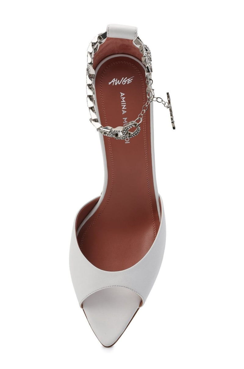 White Leather Narrow Ankle Silver Chain Heels 2021 - TUZZUT Qatar Online Shopping